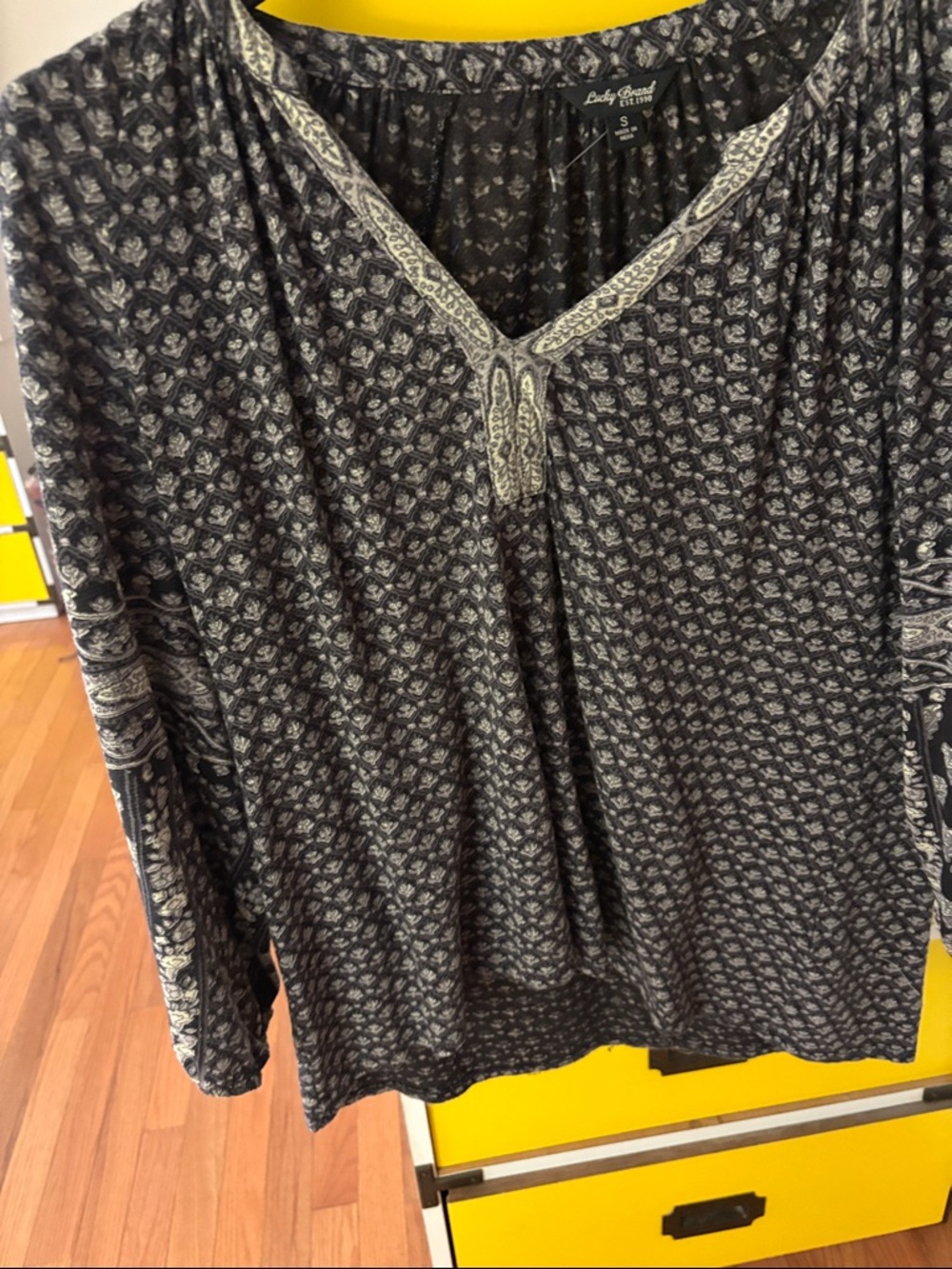Lucky Brand Black and Cream Paisley-Print Split-Neck Tunic